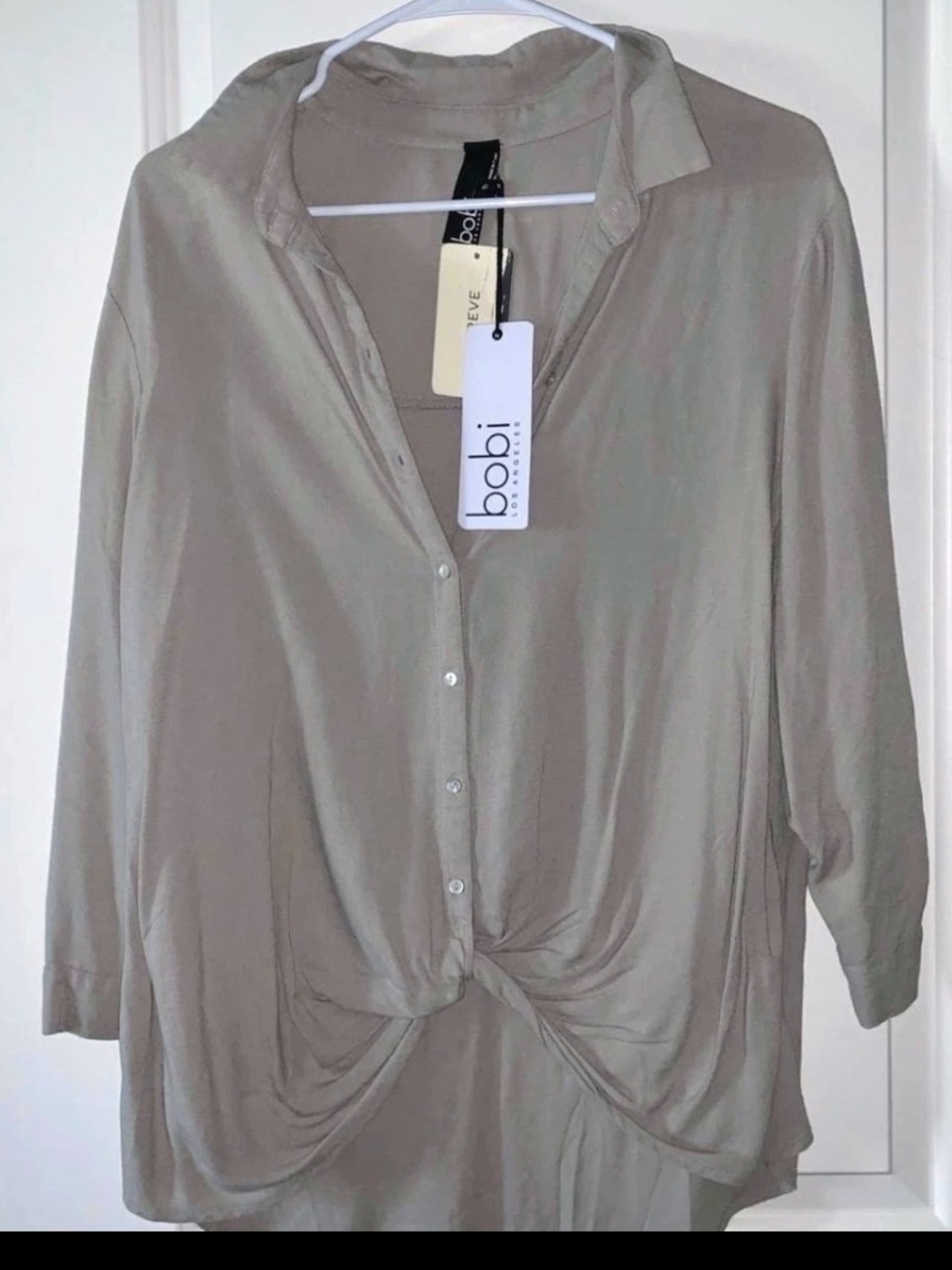 Evereve Taupe Button-Front Tie Hem Shirt